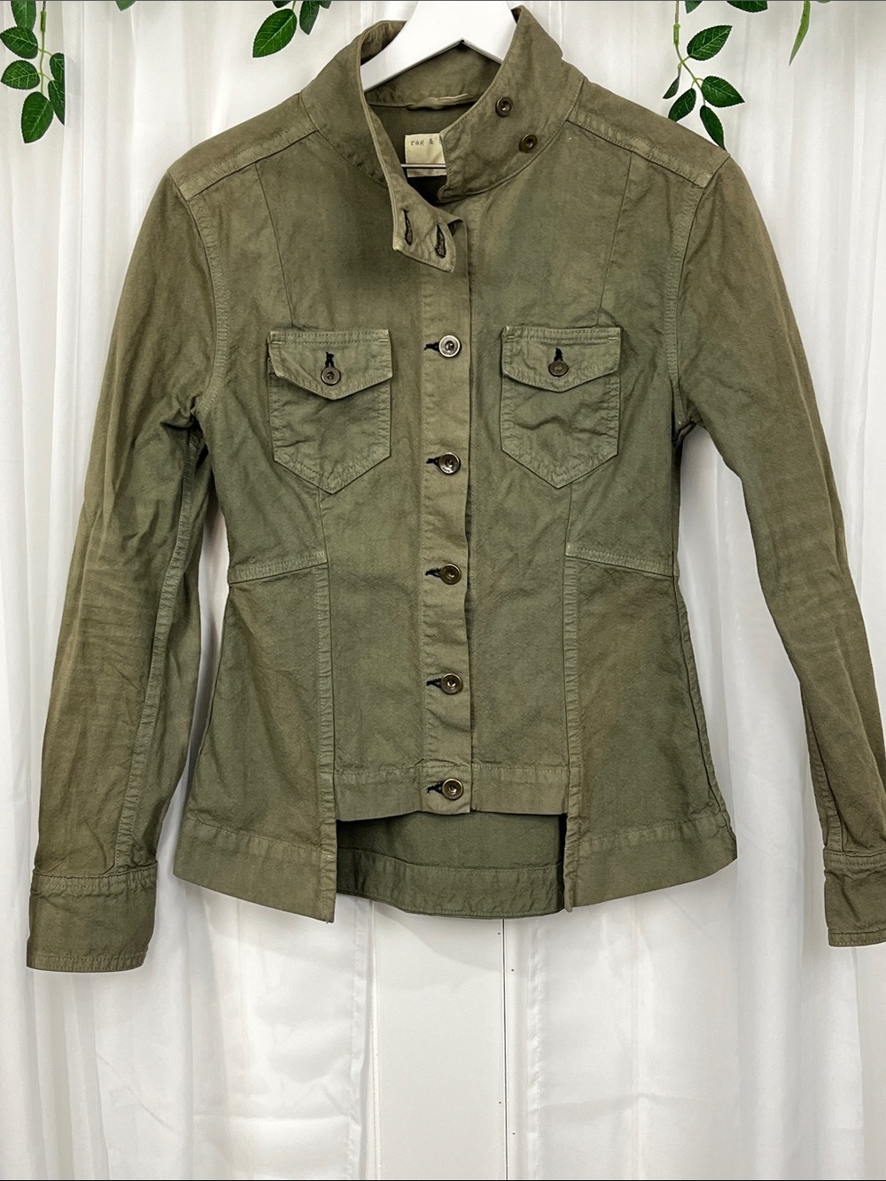 Rag & Bone Surplus Jacket S Olive Green Button Down Brass Tone Button Unique EUC